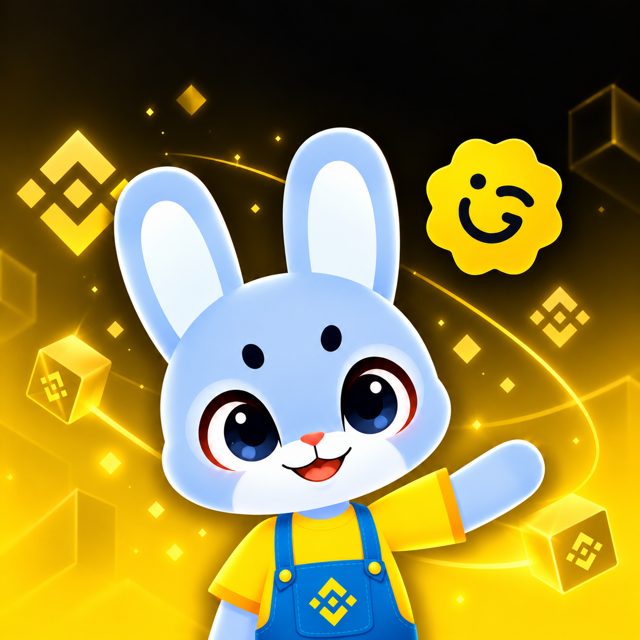 穿着黄色上衣和蓝色背带裤的 MAX 蓝兔,周围是金色轨道与 Giggle 笑脸